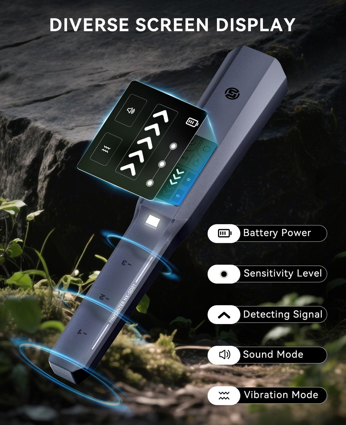 SUNPOW Metal Detector Pinpointer Rechargeable with LCD Screen – Adjustable Sensitivity, 4 Modes, IP68 Waterproof Handheld Metal Detector Wand for Adults & Kids – GD01