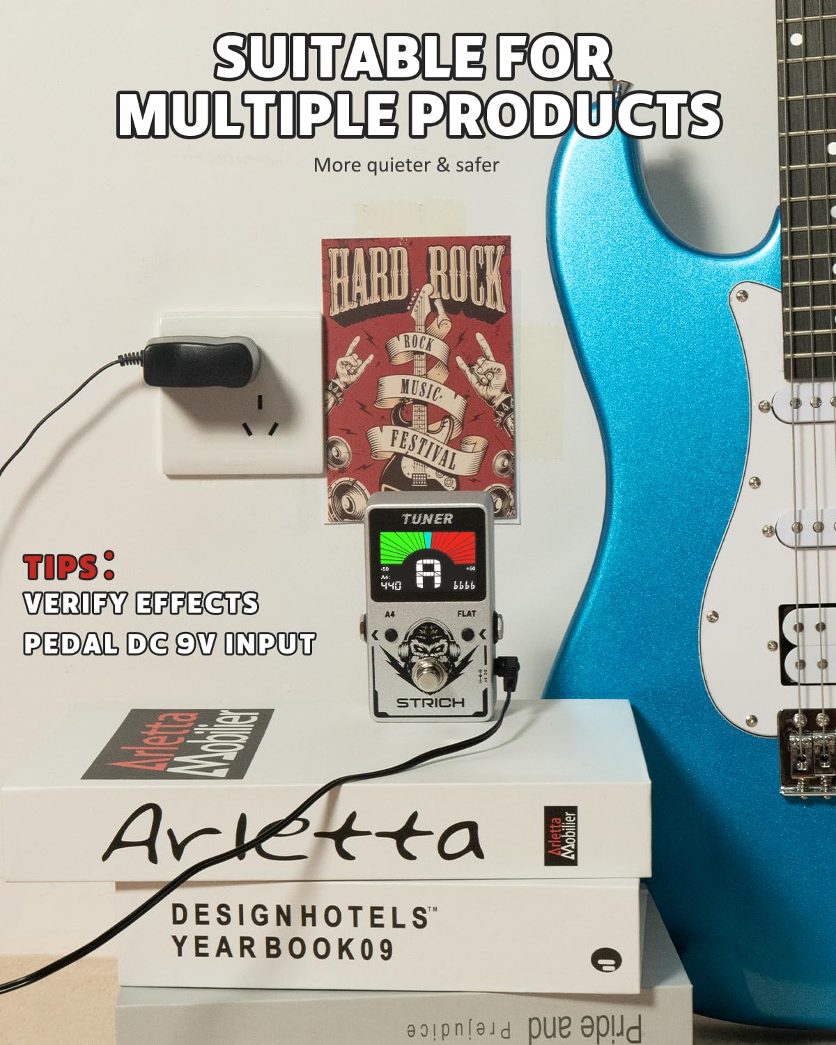 STRICH Tuner Pedal with a Power Supply, Compact with Large Color Screen - Precision Chromatic Drop Tuning, 430-450Hz A4, True Bypass for Electric Guitar & Bass, Silver