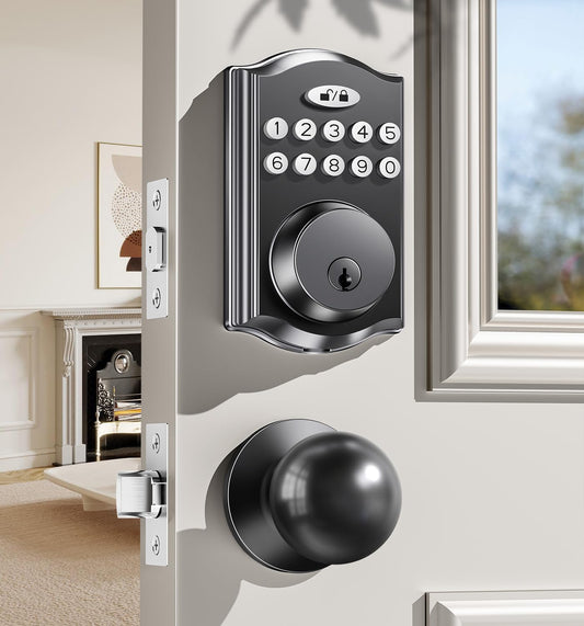 Keyless Entry Door Lock with 2 Knobs, Electronic Backlit Keypad Deadbolt with Handle Set, Auto Lock, One-time Codes, Smart Deadbolt for Front Door, Easy Installation (Matte Black)