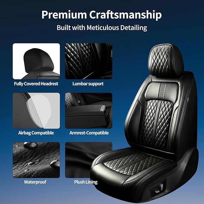 Fit Ridgeline Car Seat Covers for Honda Ridgeline 2007-2025 2026 - Premium Full Coverage Leather, Airbag Compatible, Waterproof & All Weather Seat Cushion Protector, Full Set, Black