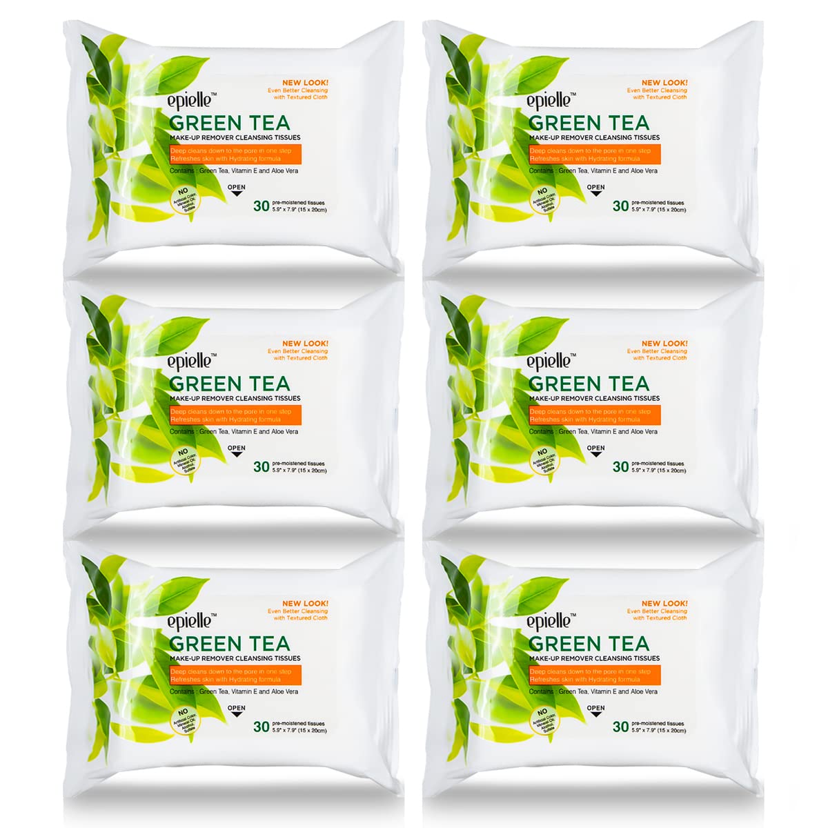 Epielle Green Tea Makeup Remover Wipes, Gentle Daily Facial Cleanser Towelettes, Remove Dirt, Oil & Waterproof Mascara, Stocking Stuffers, 30 Count (Pack of 6)