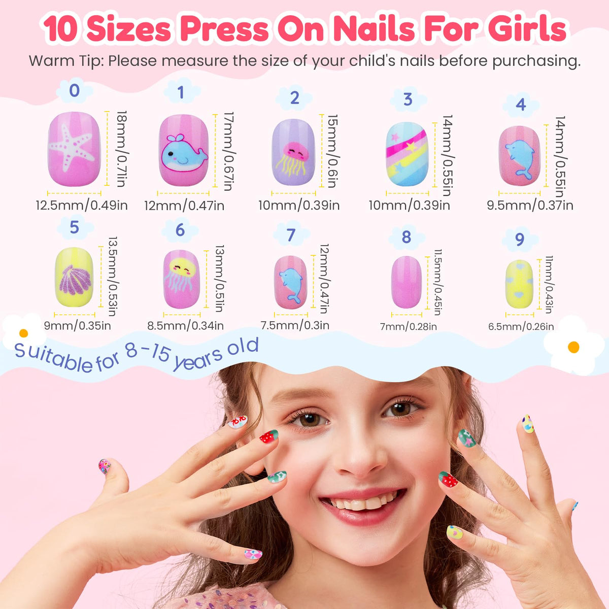 Teenitor 360 Pcs Press On Nails, 15 Styles 12 Sizes Press On Nails for Kids Girls 8-15 Years, Fake Acrylic Kids Nails with Nail Adhesive Tabs, Nail File Nail Buffer