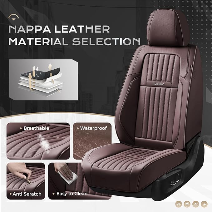 Coverado Car Seat Covers Full Set, Seat Covers for Cars, Car Seat Cover, Car Seat Protector, Leather Car Seat Cushion, Waterproof Car Seat Covers Front Seats and Back Fit for Most Cars(Coffee)