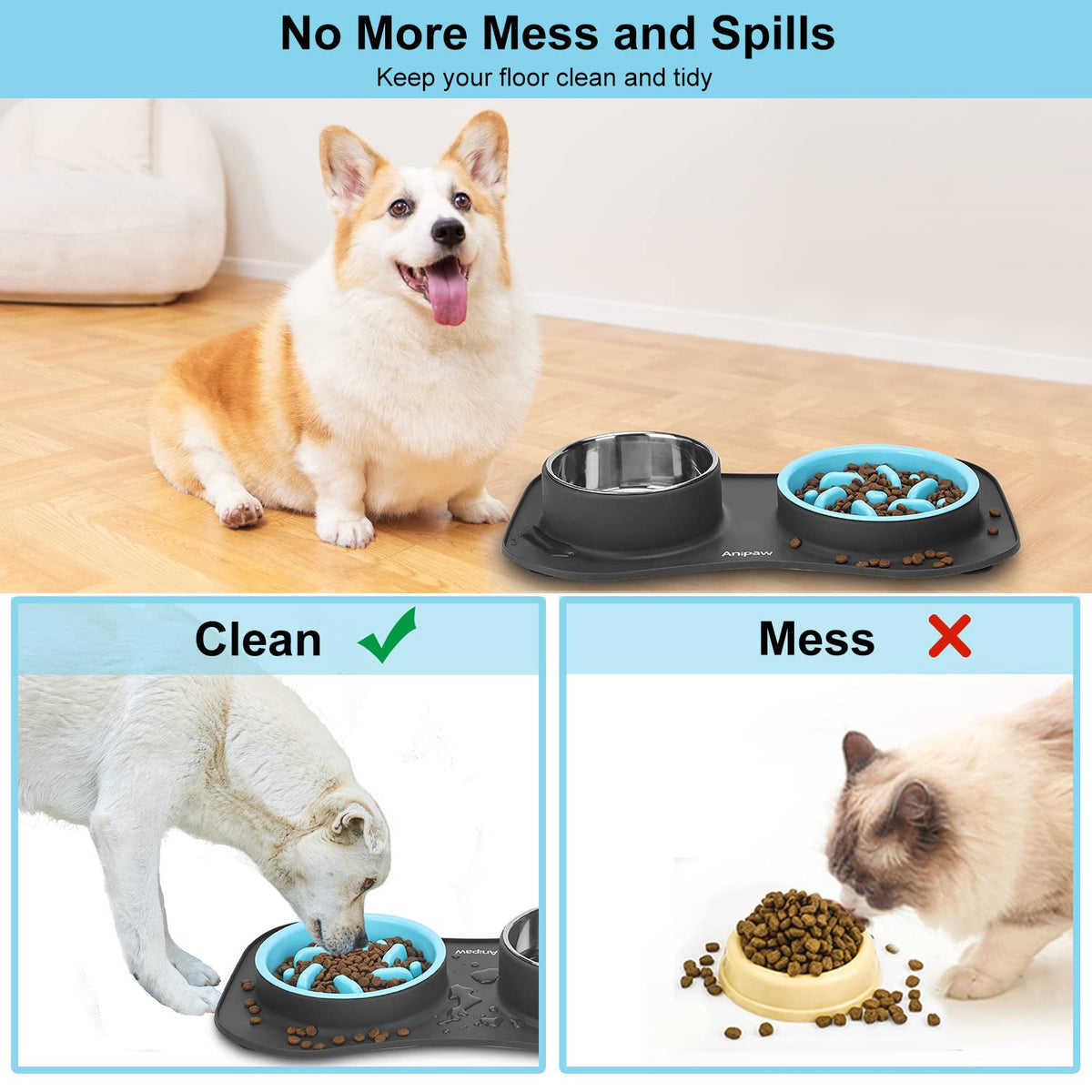 Slow Feeder Dog Bowls 3 in 1 Stainless Steel Food Water Bowl to Slow Eating