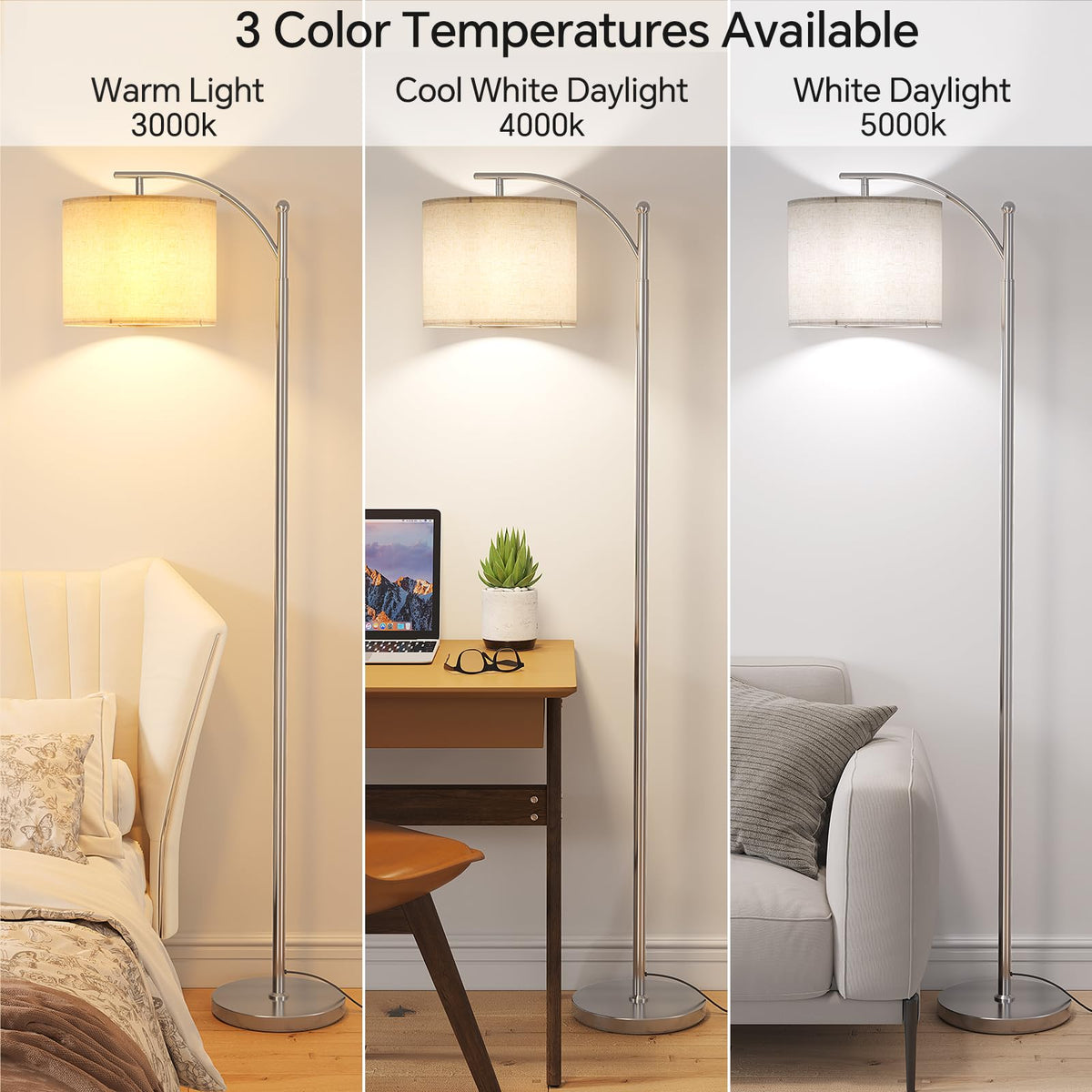 SUNMORY Arc Floor Lamp, Modern Floor Lamp with 9W 3 Color Temperatures Bulb
