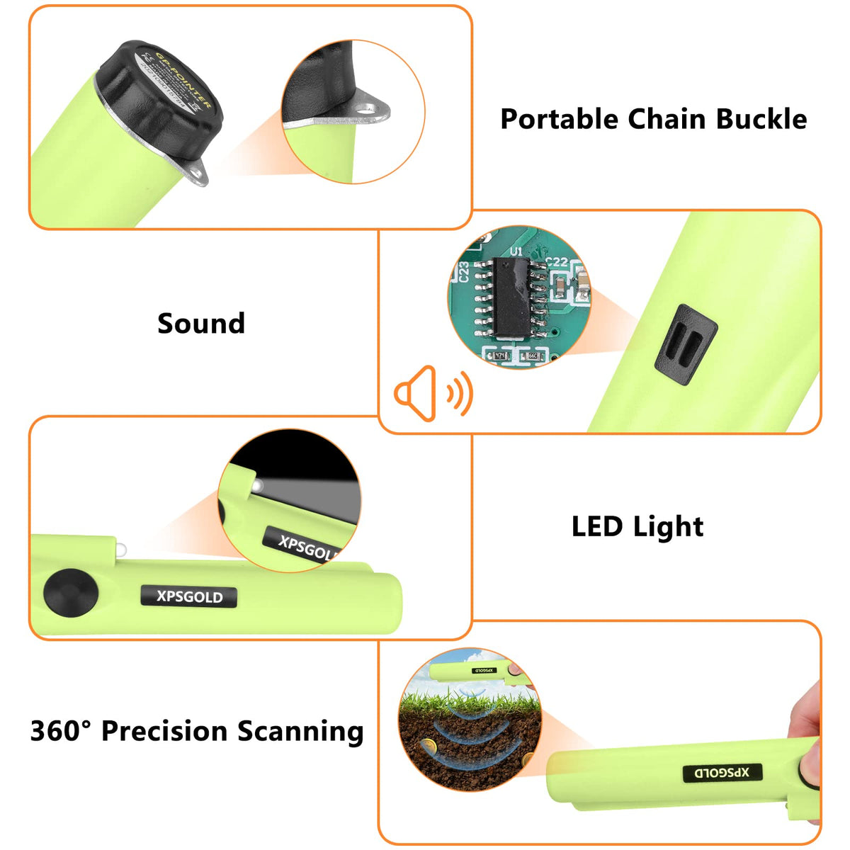 XPSGOLD Metal Detector Pinpointing,Waterproof Pinpointer 360 Degree Search Gold&Treasure Finder with Belt Holster &LED Indicator& Buzzer Vibration, for Adults and Kids(Green)