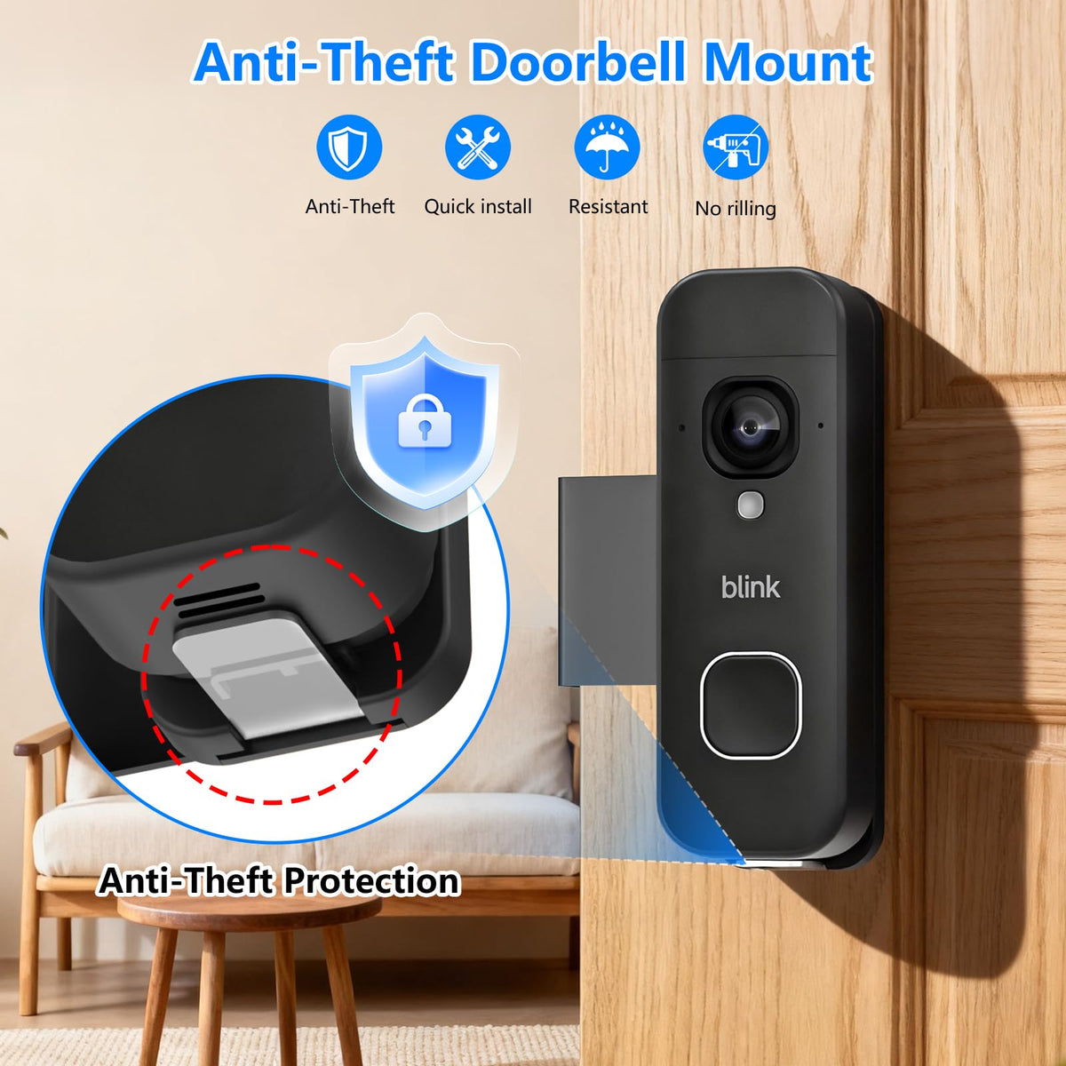 Anti-Theft Doorbell Mount for Blink Battery Doorbell 2K+, Blink Video Doorbell 1st & 2nd, Adjustable Mounting Bracket Holder Accessories, No Drill Door Bell Mount for Rentals, Apartment Door Security