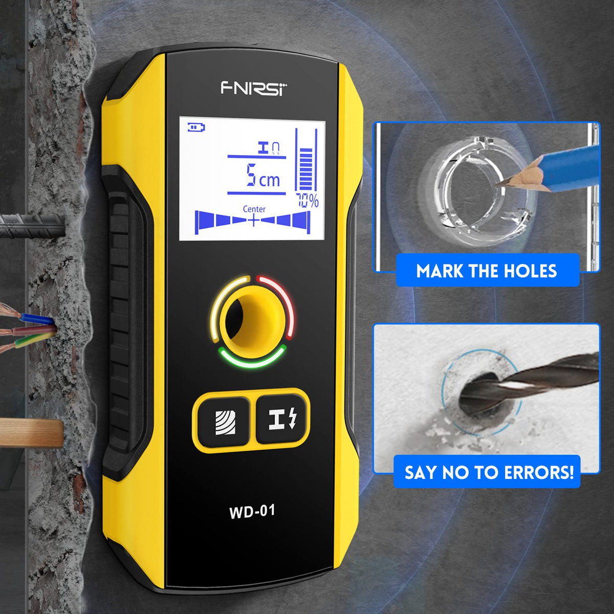 FNIRSI WD-01 6 in 1 Rechargeable Stud Finder Wall Scanner, Positioning Hole