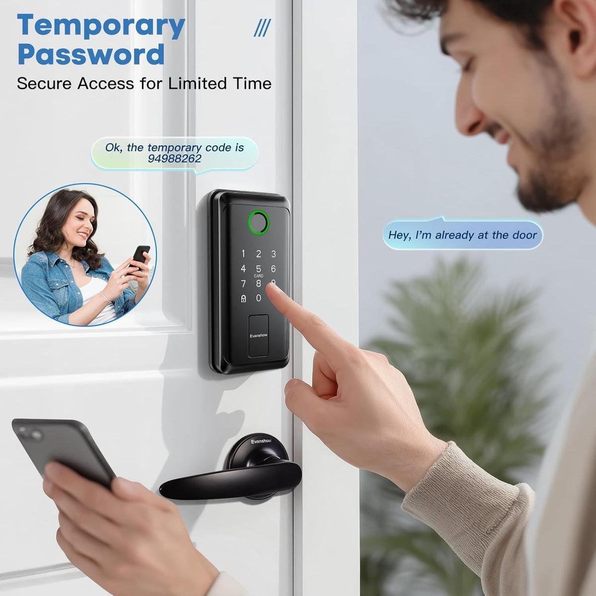 Evanshow Keypad Door Lock with Handle, Electronic Digital Keypad Deadbolt with App, Keyless Entry Fingerprint Lock Auto Lock & One Touch Locking, Front Smart Door Handle Sets