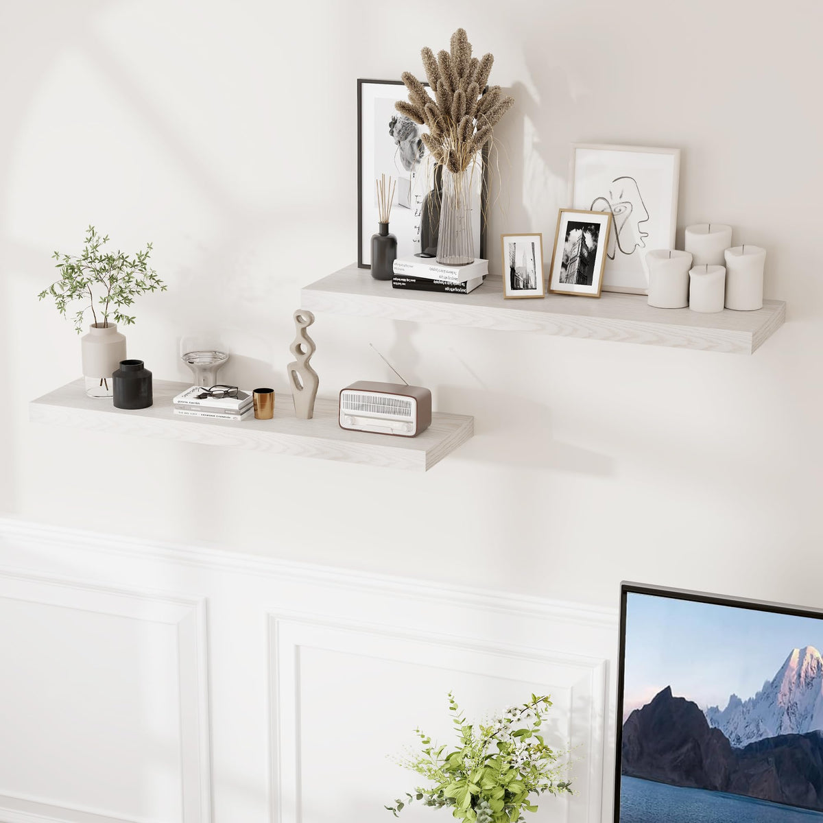 36 Inch Long Floating Shelves for Wall, 9.3 Inch Deep Floating Shelf with Heavy-Duty Bracket, 2 Pack Long Shelves for Bathroom, Living Room, Bedroom, Wall Mounted Storage Shelf for Books Decor, Brich