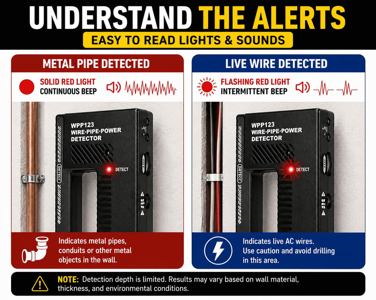 WPP123 Wire & Pipe Detector – Handheld Metal & Live AC Wire Scanner for Drywall with Sensitivity Control