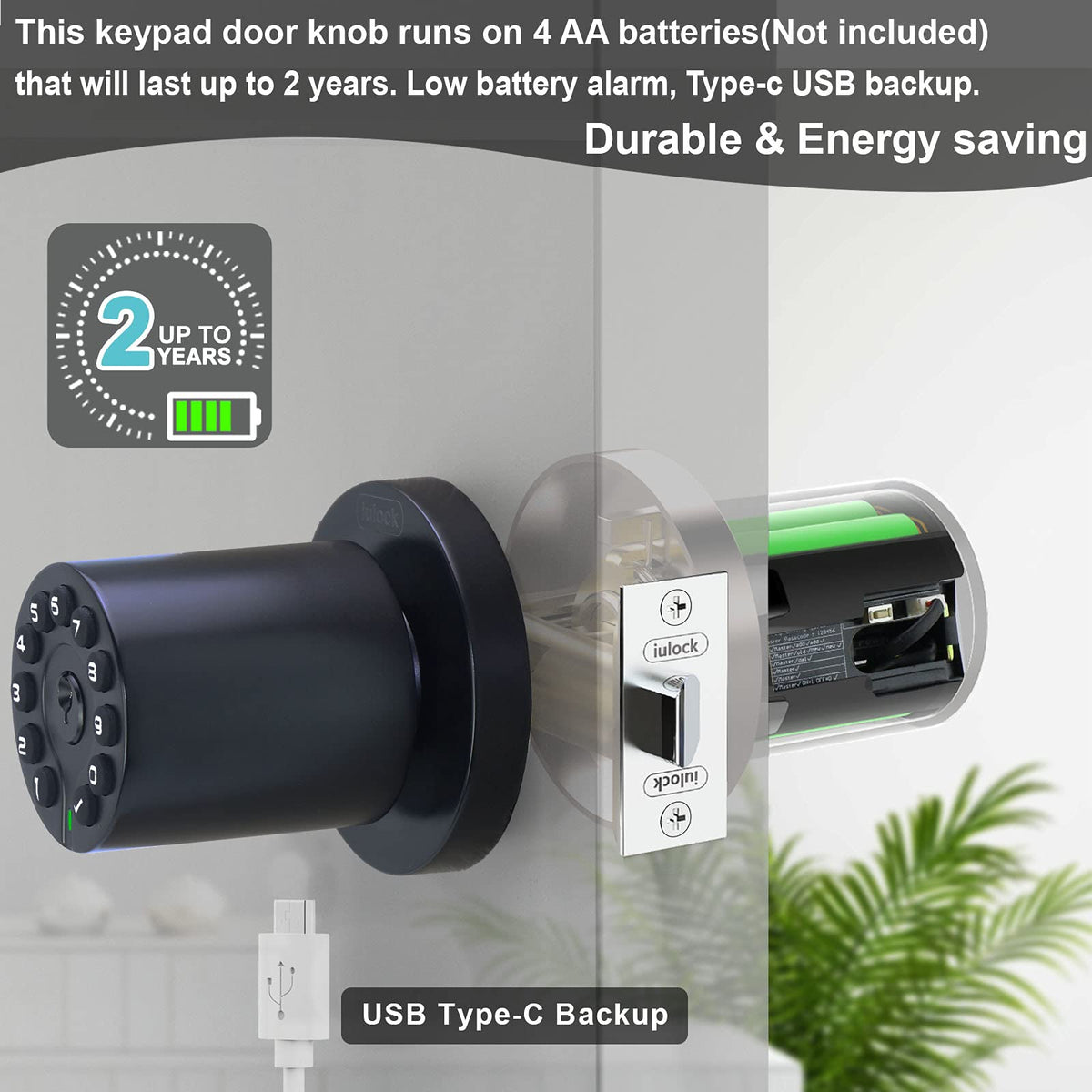 iulock IU-20 Code Door Lock, Electronic Door Knob with Keypad and Key, Auto Lock, Waterproof, Passage Function, Long Battery Life,50 Codes, Easy to use and Install for Office/Warehouse/Bedroom/Garage