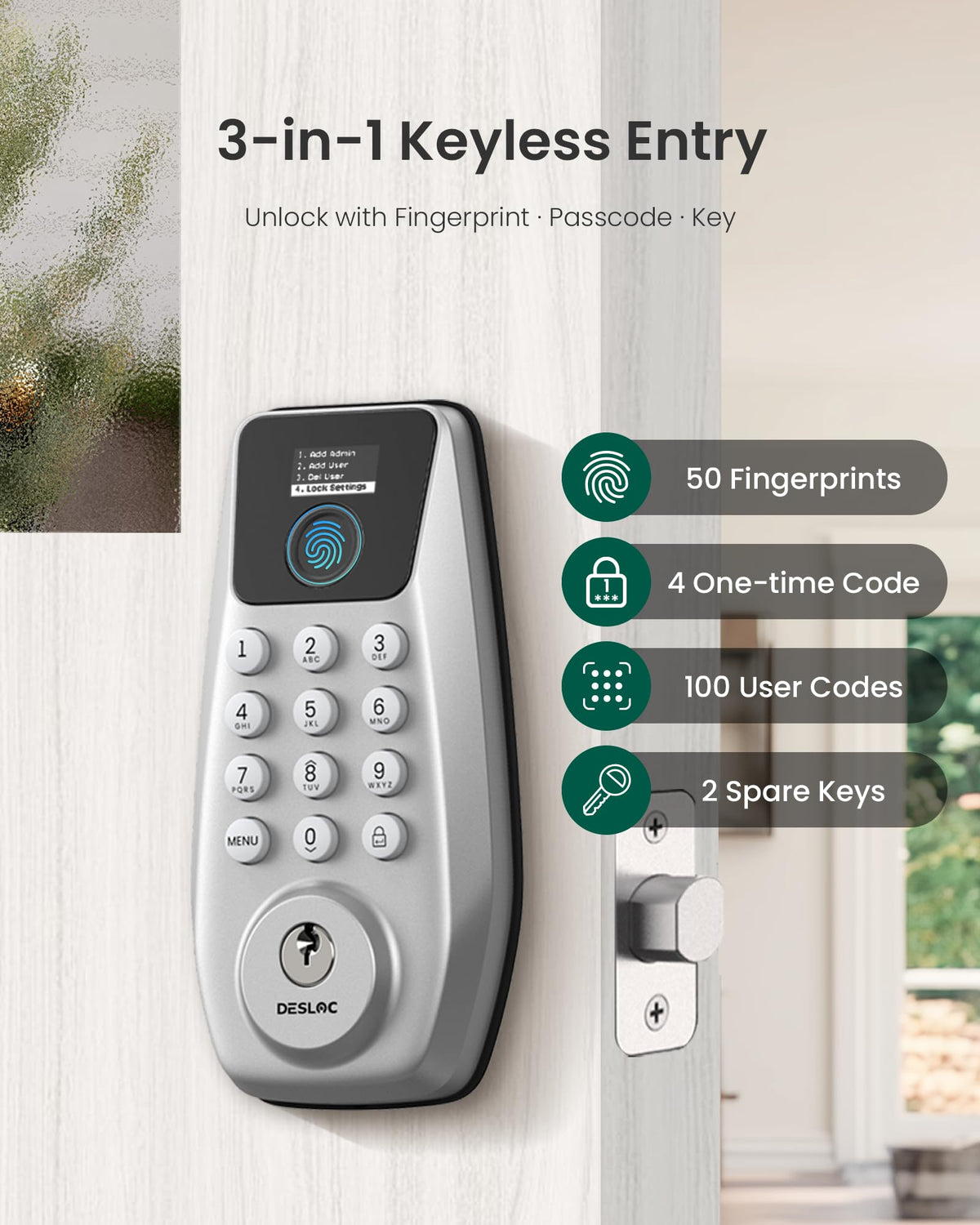 DESLOC C110 Fingerprint Keyless Entry Door Lock, Visual Display, Auto Lock