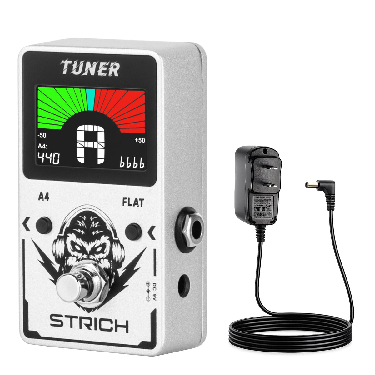 STRICH Tuner Pedal with a Power Supply, Compact with Large Color Screen - Precision Chromatic Drop Tuning, 430-450Hz A4, True Bypass for Electric Guitar & Bass, Silver