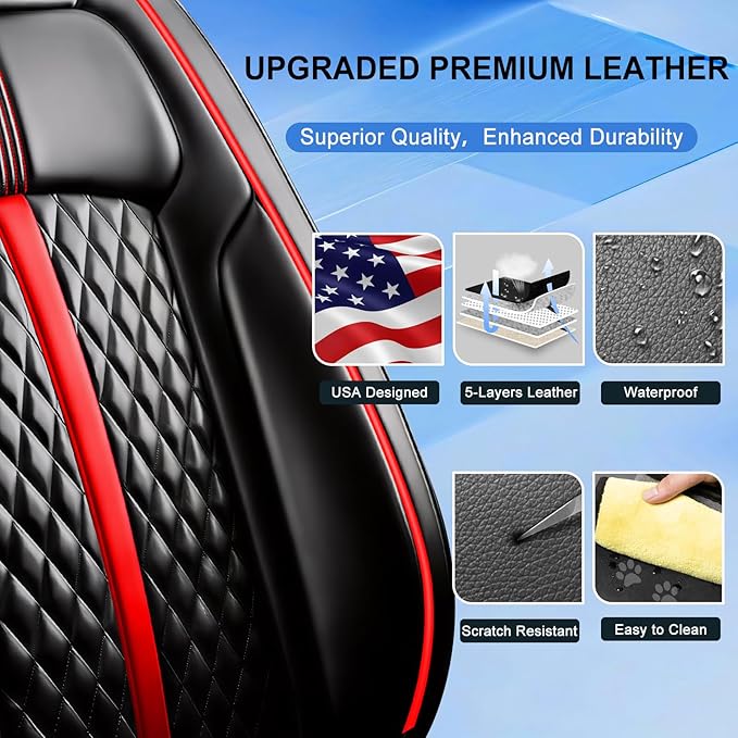 Fit HR-V Car Seat Covers (Front Pair) for Select Honda HRV 2016-2026 LX/EX/EXL/Sport - Full Coverage Leather, Airbag Compatible, Waterproof & All Weather Seat Cushion Protector, Redline