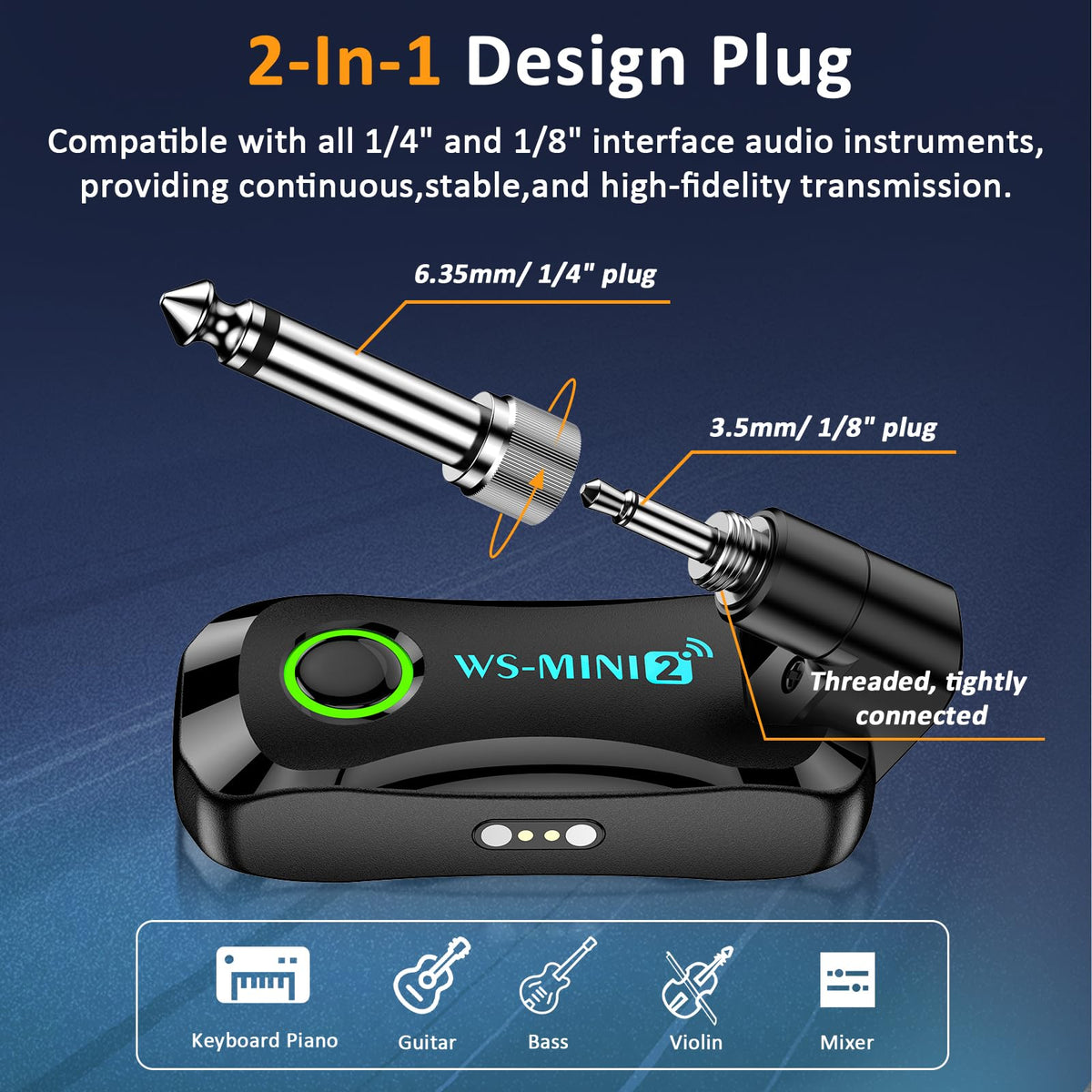 Guitar Wireless System 2.4GHz with Rotating Head & 2-in-1 Plug