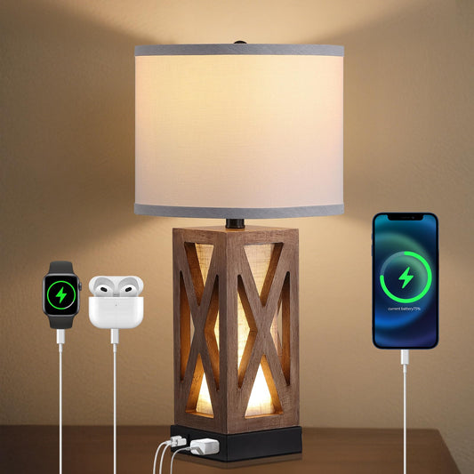 YJSQOEOE Wood Table Lamp with 3 Color Temperatures, Nightstand Table Lamp with AC Outlet, USB A & C Charging Port, Bedside Lamp for Living Room, Bedroom, Office Reading, Burlywood