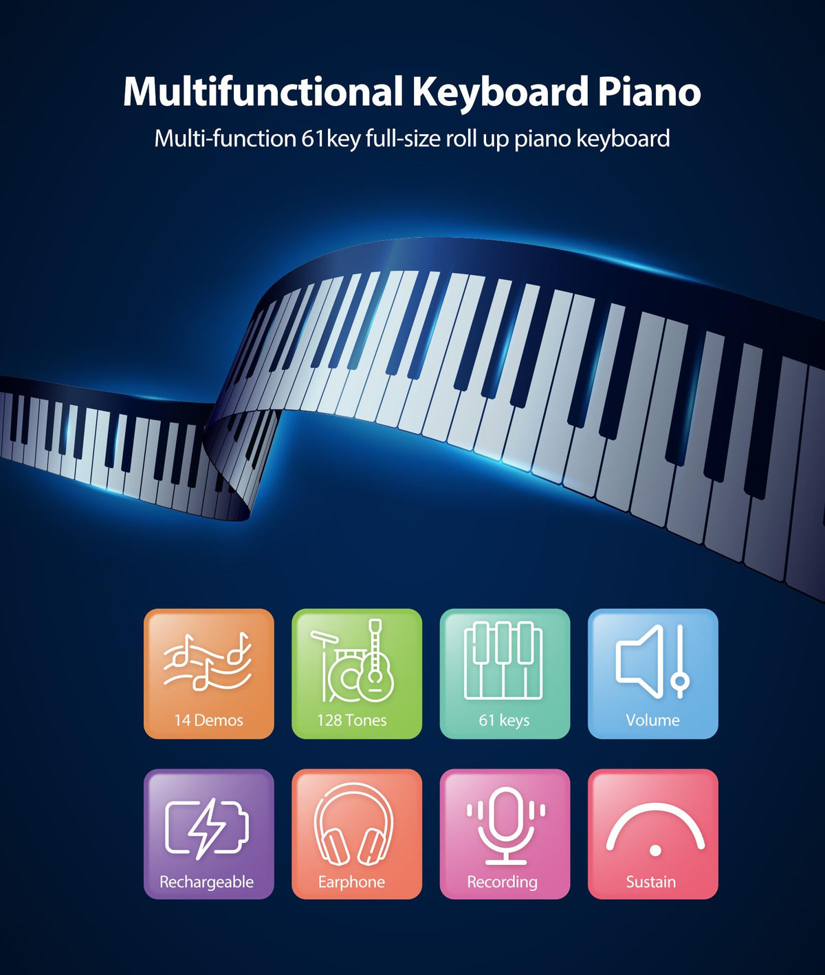 MARVTOWN 61Key Portable Small Roll Up Piano Keyboard For Kids,Foldable Flexible Electric Keyboard Piano with HIFI Speaker,14 Demo Songs,128 Tones,Earphones,USB-C Charging Best Gift For Beginner Travel