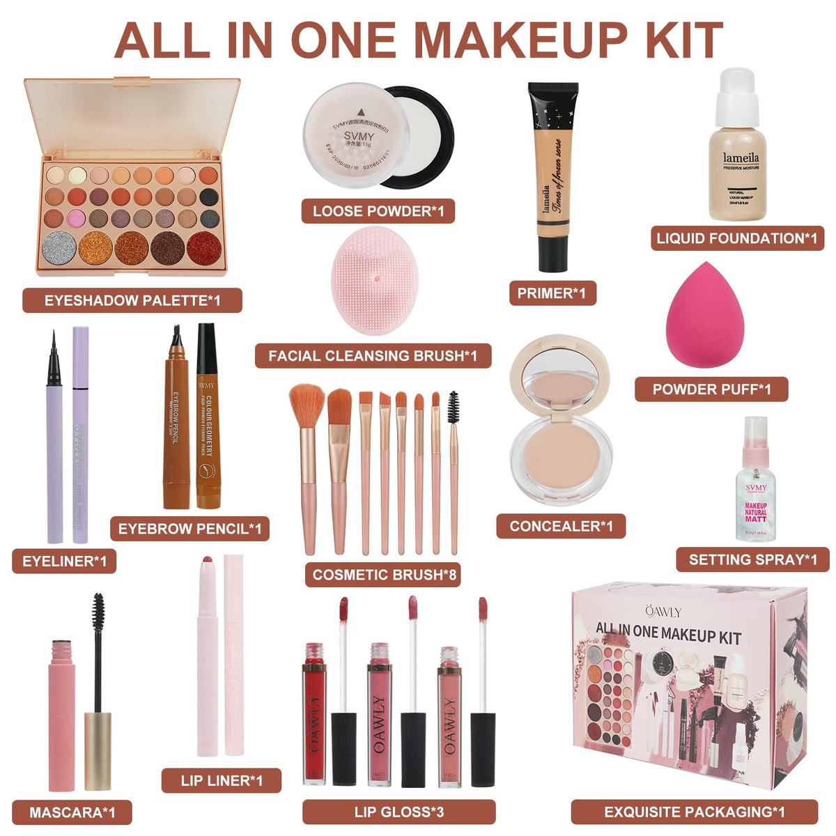 OAWLY All In One Makeup Kit for Teen Girls Beginners Pink Travel Makeup Set