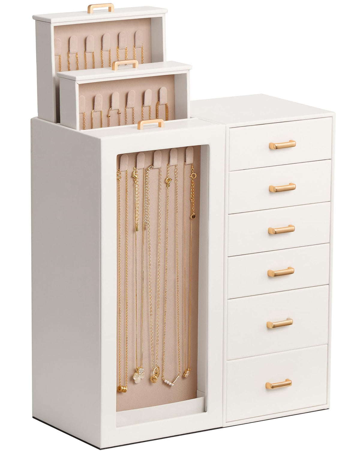 Lolalet Large Jewelry Box Organizer for Women, PU Leather Jewelry Case with Necklace Holder & Multiple Drawers, Tabletop Dresser Storage for Earrings Rings Chains, Gift for Girls -M, Beige