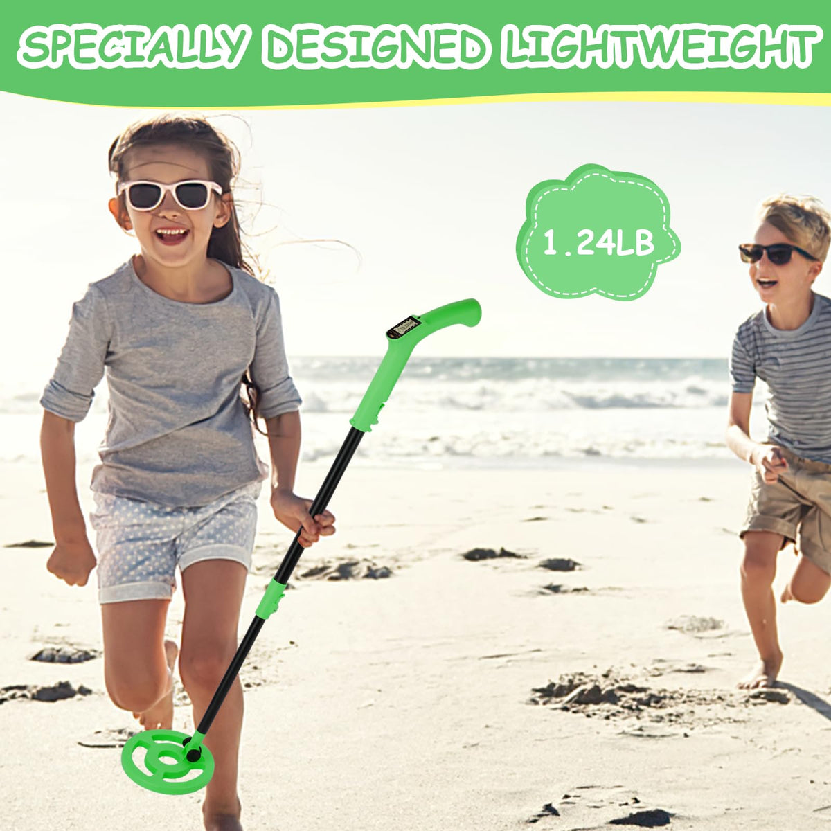 OMMO Kids Metal Detector, Adjustable 27.5"-37.8" with LCD Display (Green)