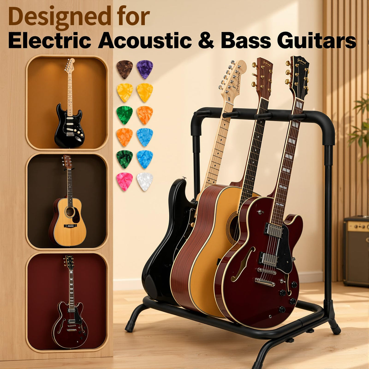 Tipatyard 3 Multi Guitar Stand Rack with 12 Guitar Picks - Foldable Multi Guitar Rack with Guitar Picks in 4 Thicknesses - Universal Guitar Holder for 5 Guitars - Ideal for Acoustic Guitar, Electric Guitar, Bass