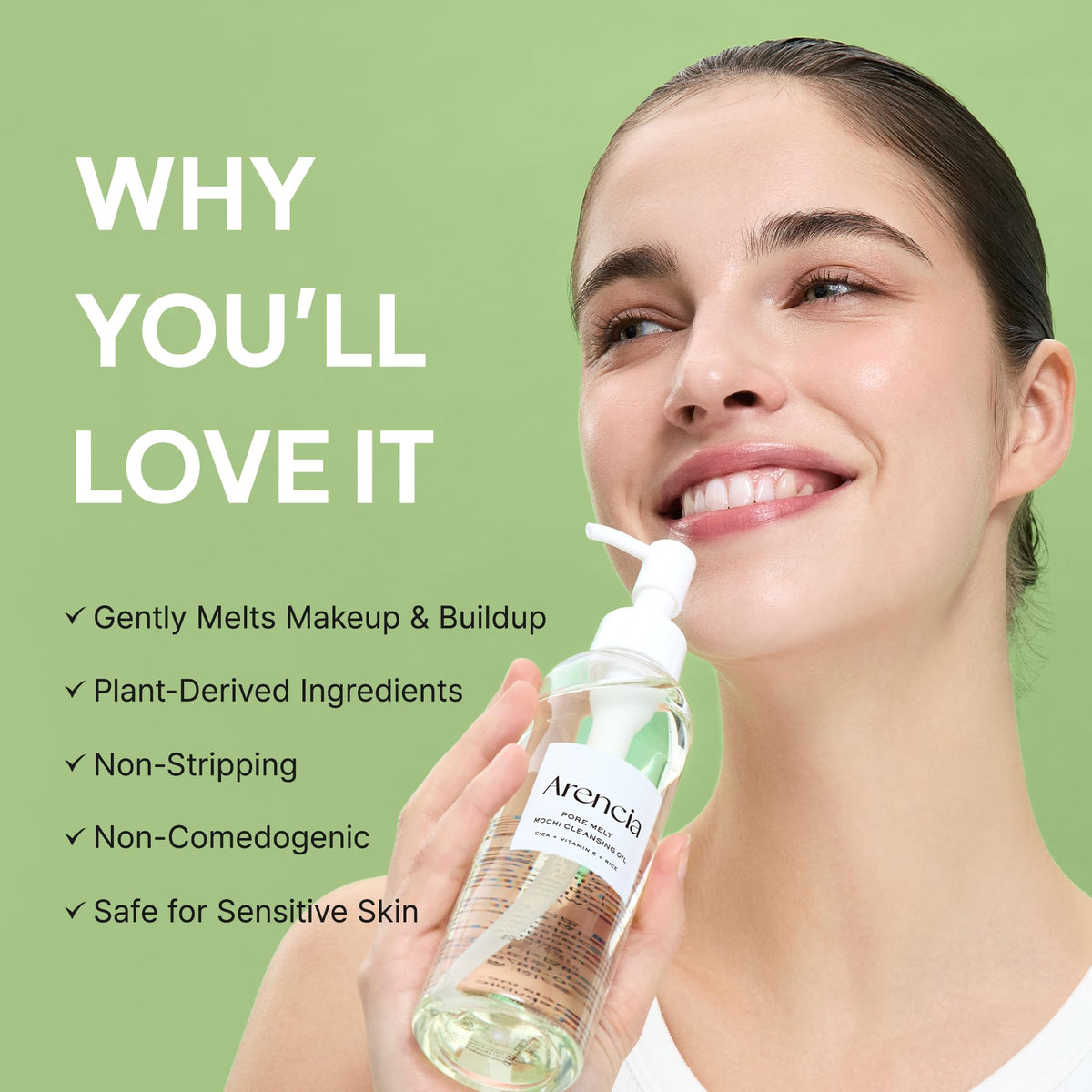 ARENCIA Pore Melt Mochi Makeup-Removing Cleansing Oil, Non-Comedogenic, Rice Amino Acids HD, Vitamin E, Cica, & Ceramide, 6.76 fl oz