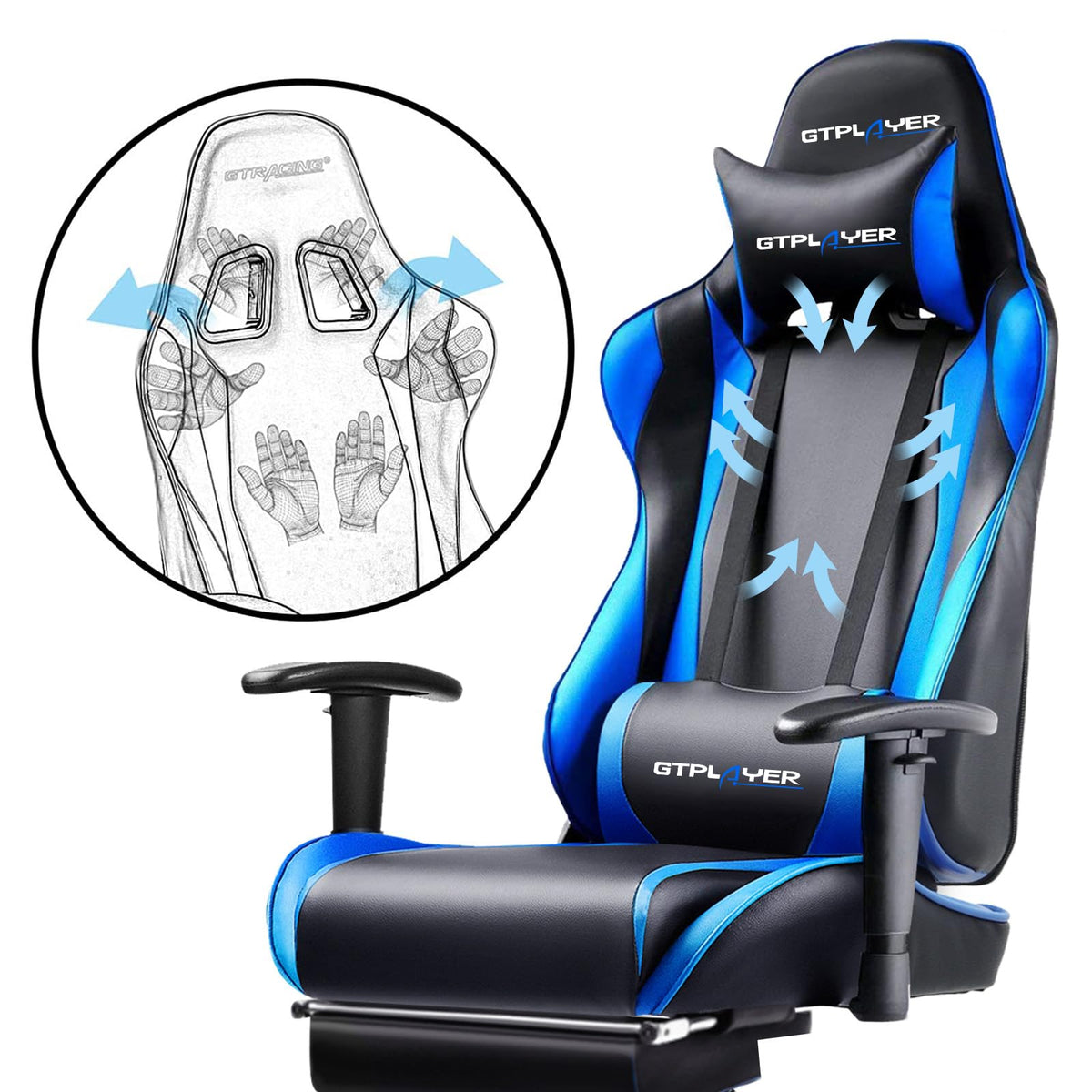 GTPLAYER Gaming Chair with Footrest, Ergonomic Computer Game Desk Chair, Reclining Gamer Chair Seat Height Adjustment, Swivel Rocker with Headrest and Lumbar (Blue)