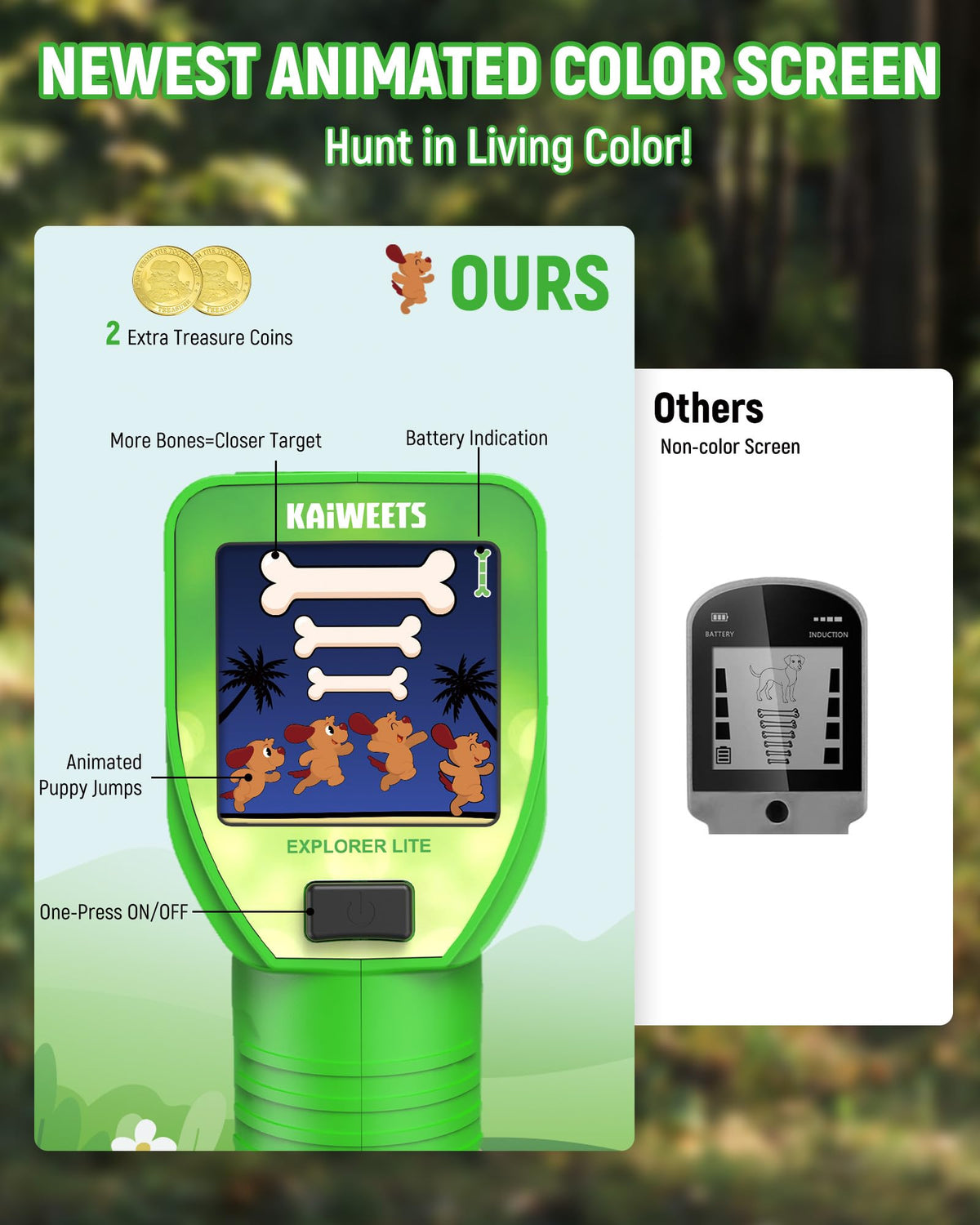 KAIWEETS Kids Metal Detector, 2026 New Animated Color Screen, Adjustable Stem, Lightweight, Treasure Hunt Gift, Complete Starter Kit with Backpack, Bonus Coins, Shovel, Rake (Explorer LITE)