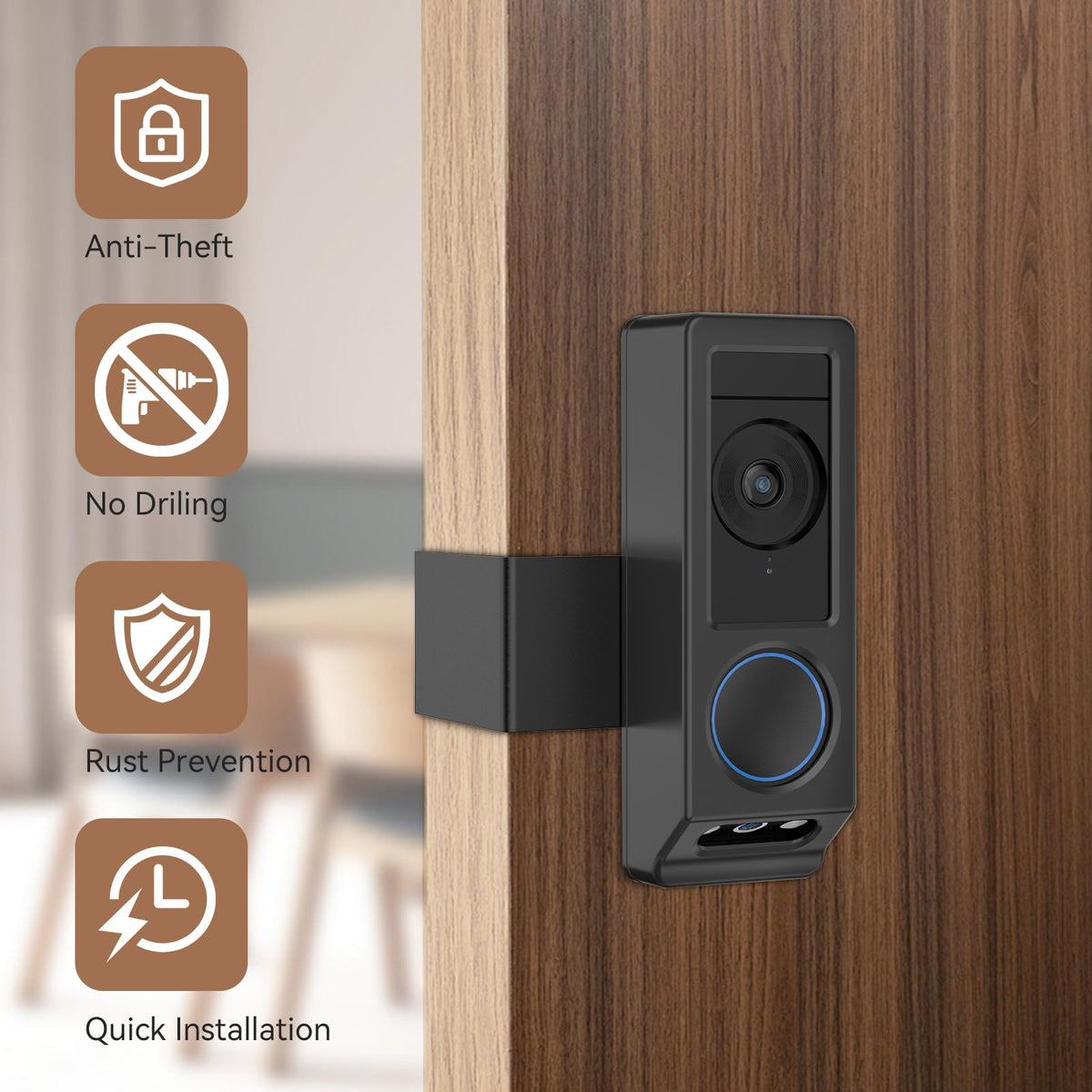 Anti-Theft Video Doorbell Mount for Eufy E340 Camera, No-Drill Adjustable Mounting Bracket Holder Accessories for Eufy Doorbell Camera Mount, Apartment Door Bell Kits for Home Rentals Room (Black)