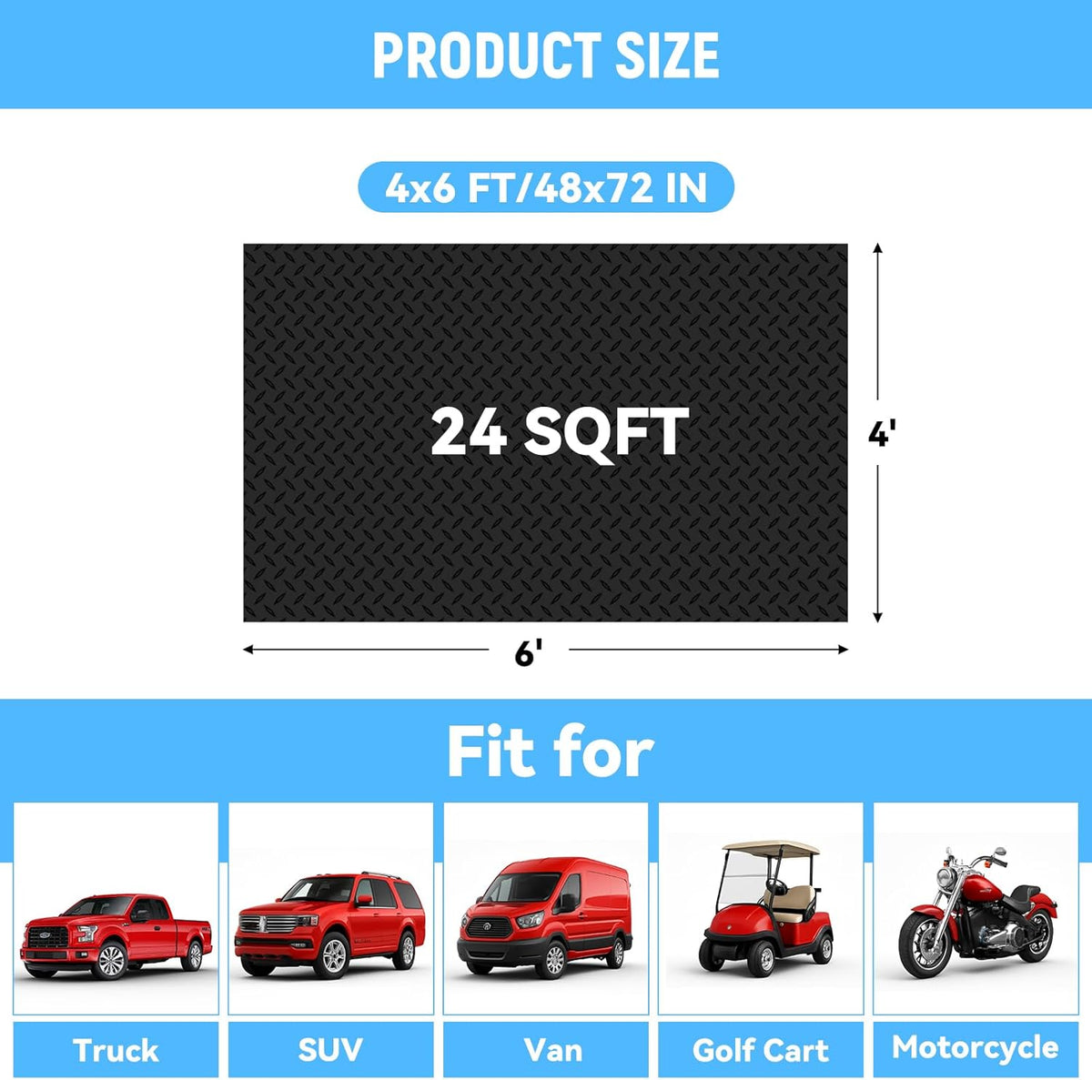 4x6 FT Garage Floor Mat,2.8mm Thickened PVC Flooring Roll for Under Car,24 SQFT Diamond Plate Black Garage Mats for Truck,Trailer,SUVs,Van,Golf Cart,Motorcycle（Included Tapes）