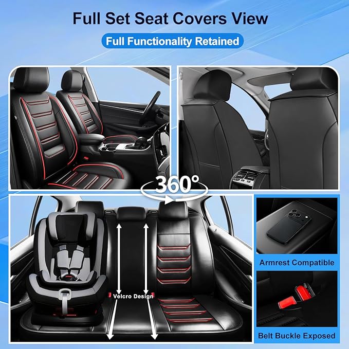 Fit CRV Car Seat Covers for Select Honda CR-V 2011-2026 - Premium Full Coverage Leather, Waterproof & All Weather Breathable Seat Cushion Protector, Full Set, Black with Red Trim