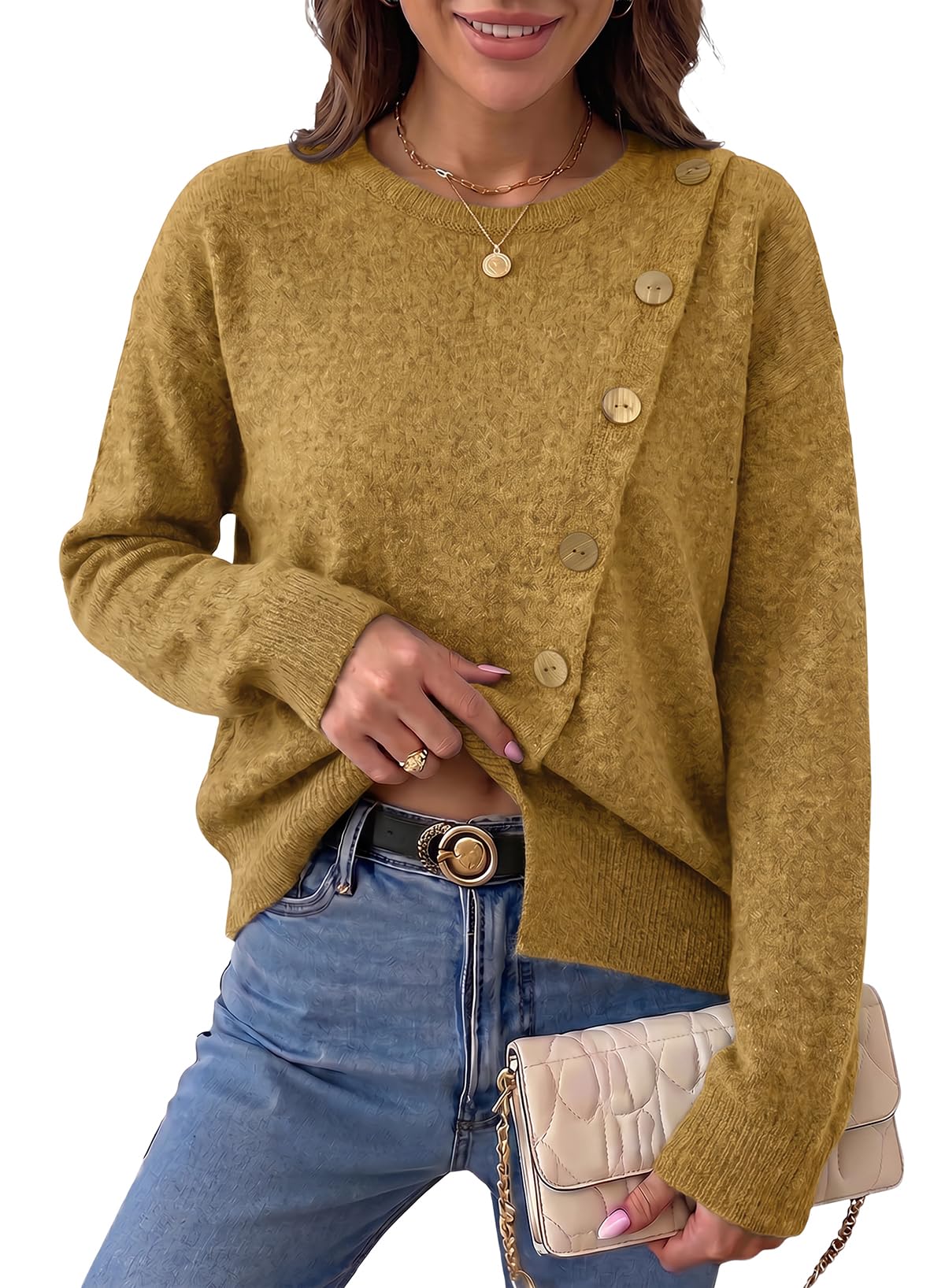 Dokotoo Sweaters for Women Long Sleeve Knitted Fall Tops Outfits Mustard L