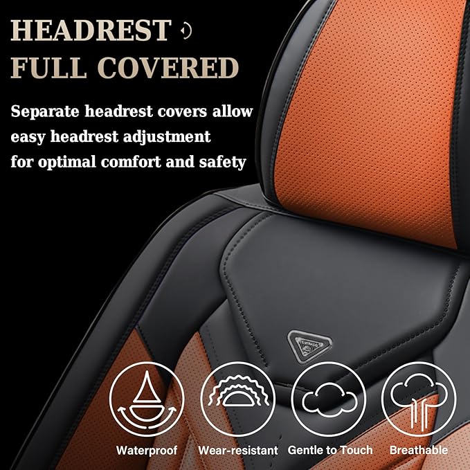 Coverado Car Seat Covers Full Set, Automotive Seat Covers Car Seat Protector Car Seat Cushion, Waterproof Leather Seat Covers for Cars, Universal Fit for Most Sedans SUV Pick-up Truck(Black&Orange)