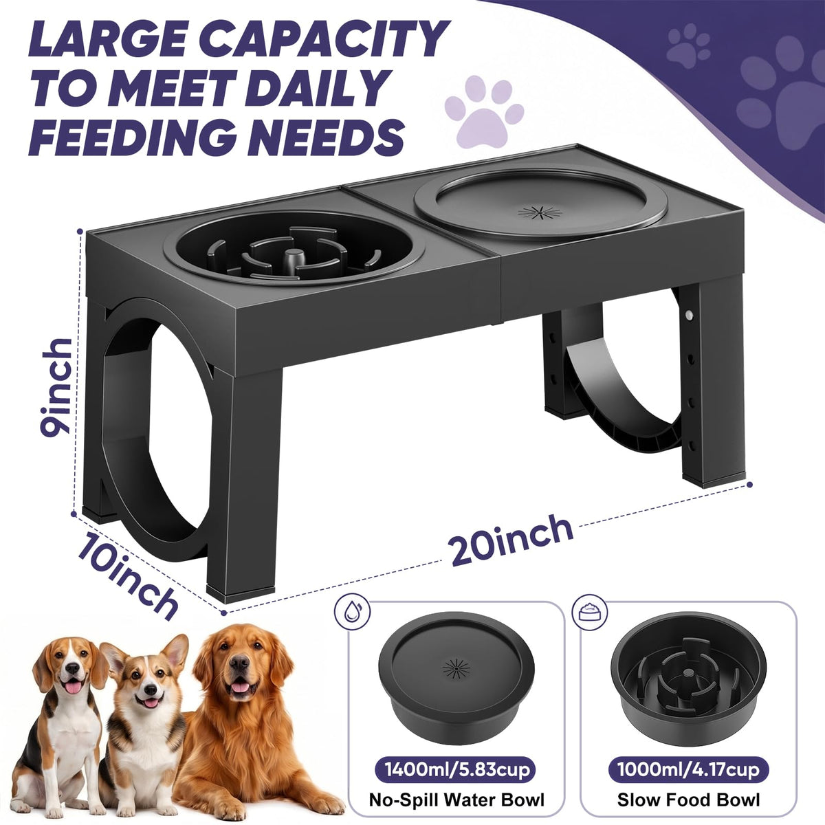 XIAZ Elevated Dog Bowls Large Breed Raised Dogs Bowl Stand Large/Medium Sized Dog Slow Feeder Dogs Bowls Food Water Stands 5 Heights Adjustable 9/11/12/14in Pet Feeder Dish Station