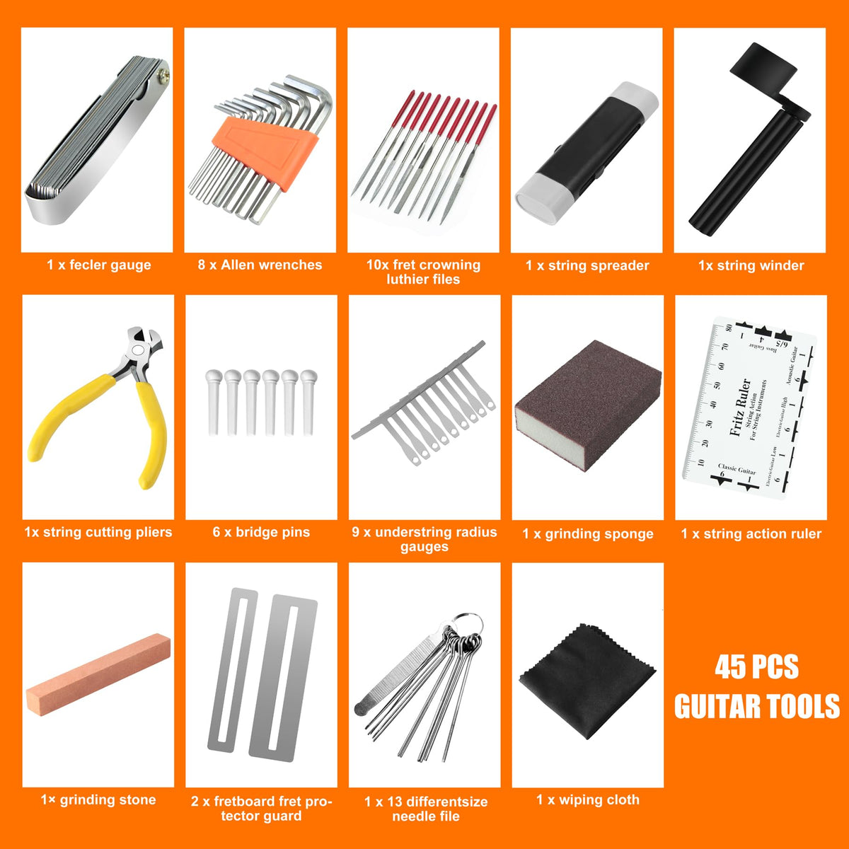 45Pcs Guitar Tool Kit, Guitar Repair Kit, Guitar Setup Kit, Luthier Tools Guitar Kit, Guitar Maintenance Kit Guitar Fret Tools, TIMDAM Guitar Accessories for Ukulele Bass Guitar Gifts for Musicians