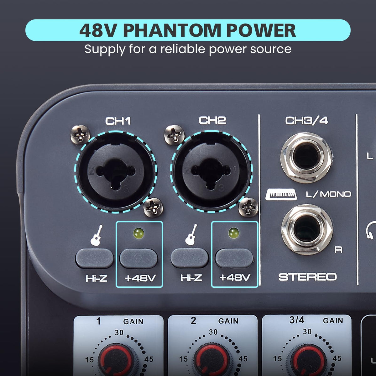 Boeska 4 Channel DJ Audio Mixer, DJ Mixers Sound Board, Sound Mixer Board XLR 1/4" Interface, BT USB MP3 Computer Input 48V Phantom Power Stereo Karaoke DJ Studio Streaming KTV Stage