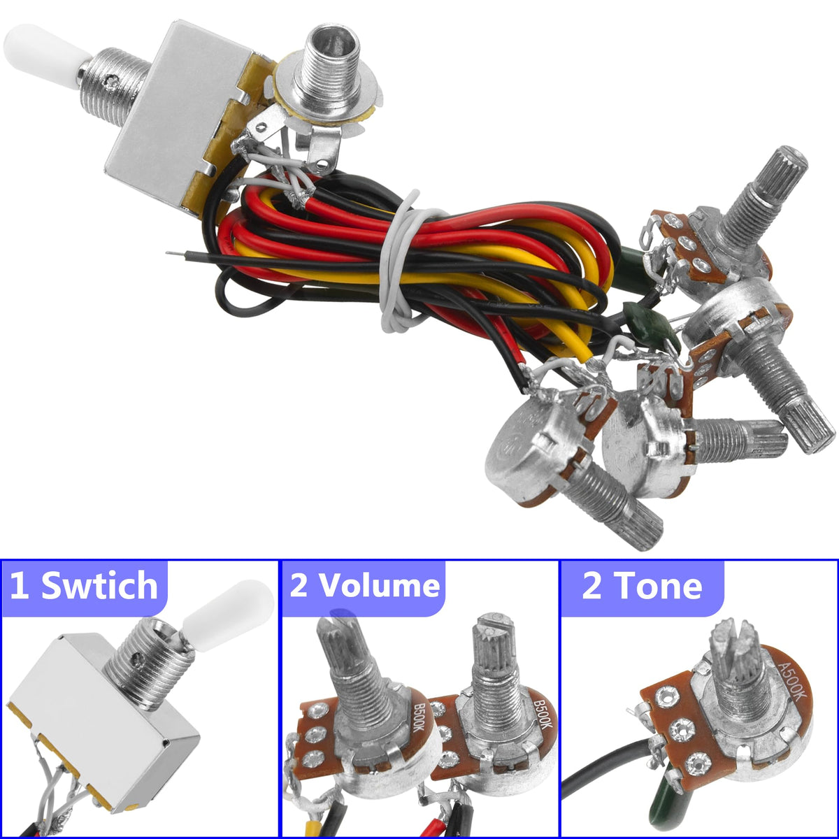 1Pcs Yootones Electric Guitar Wiring Harness Kit 2V2T, 2 Volume 2 Tone Prewired 500K Pots 3 Way Switch Socket Compatible with Les Paul LP Electric Guitar (White)