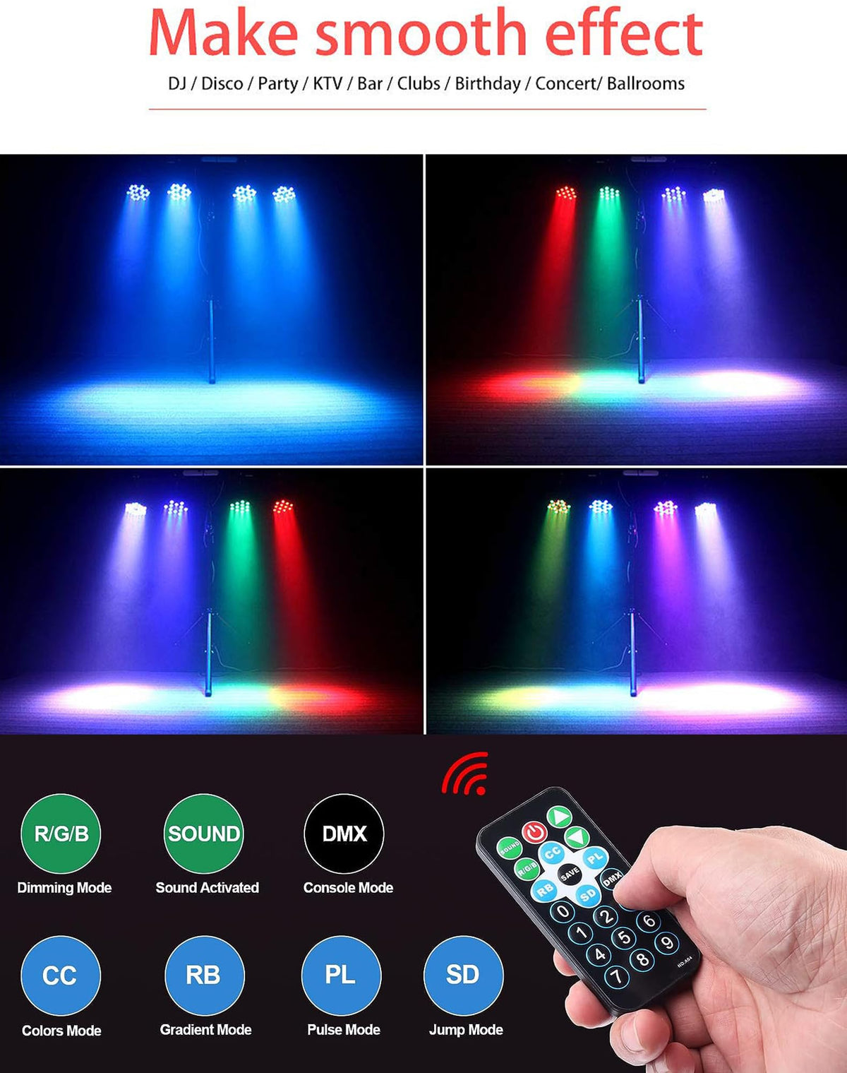 Litake DJ Par Lights, RGB 36 LED Stage Lights Sound Activated,Remote & DMX Controlled LED Uplights,7 Modes Uplighting for Dance Party Church Wedding Birthday Holiday Music Show-2 Pack