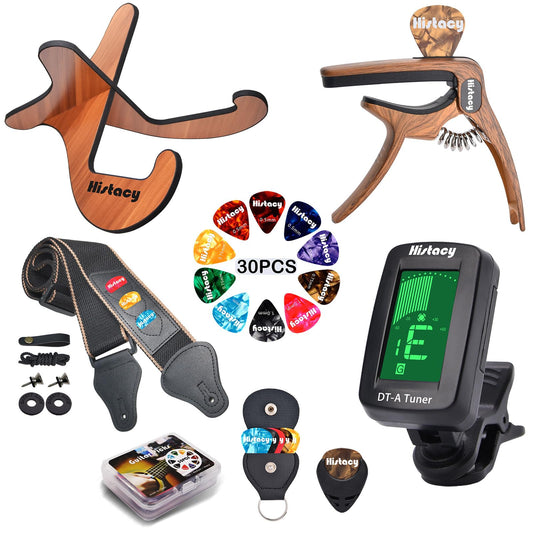 Histacy Guitar Accessories Kit: Wooden Stand, Strap, Clip-On Tuner, 3-in-1 Capo, 30 Picks for Acoustic, Electric Guitar, Bass & Ukulele, All-in-One Perfect Guitar Gift Set for Men & Beginners & Pros