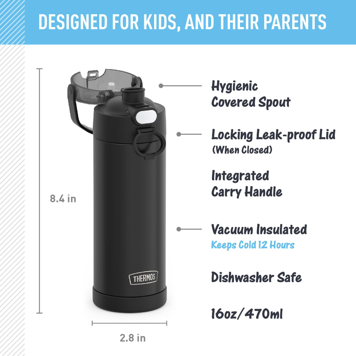 THERMOS FUNTAINER Water Bottle with Spout, 16oz, Black Matte