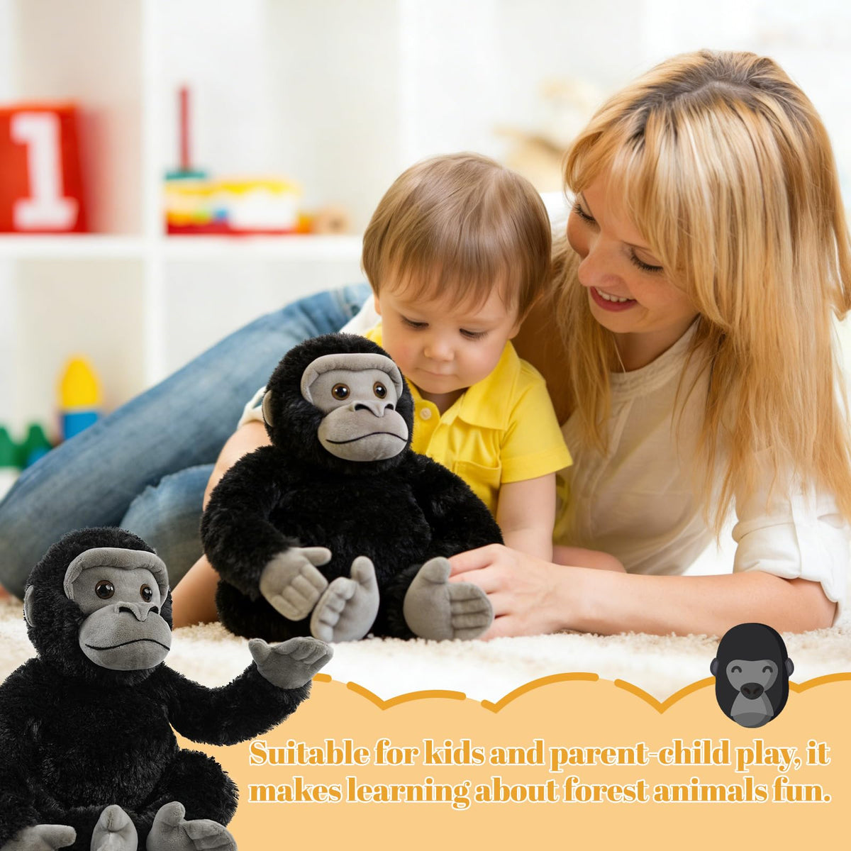 JUSTQUNSEEN 10" Sitting Silverback Gorilla Stuffed Animal - Soft Realistic Plush Toy Gift for Kids Boys & Girls, Gorilla Toys for Playtime Adventures & Birthday Gifts (Black)