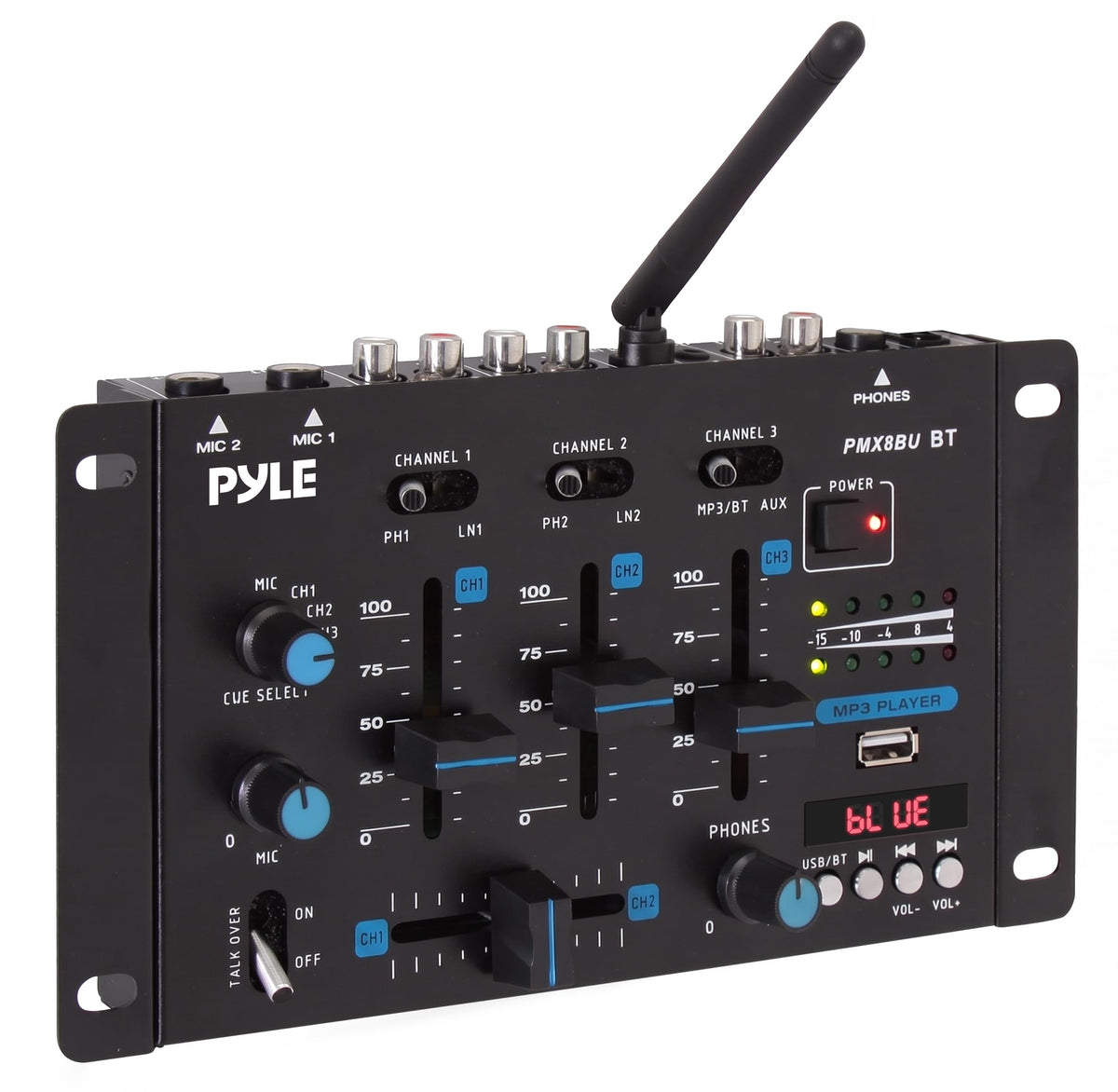 Pyle 3-Channel Professional DJ Mixer w/ Bluetooth - Dual Balanced Mic Inputs w/ Talkover, USB-A MP3 Player, Phono/Line In, CUE Monitor, Crossfader, LED Display for Mobile DJ, Karaoke, Events - PMX8BU