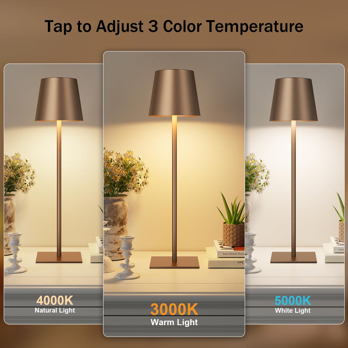Kakanuo Brown Cordless Rechargeable Table Lamp, 2 Pack Portable Desk Lamp with 5000mAh Battery, Touch Control Stepless Dimming, for Dining, Outdoor Camping, Coffee Shop