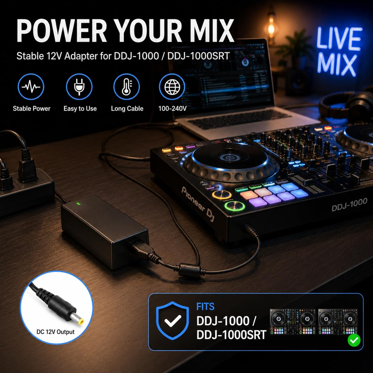 12V AC Adapter Power Supply Compatible with Pioneer DDJ-1000 DDJ-1000SRT DJ Controller, Replacement Charger Cord for DDJ 1000 SRT, DJ Controller Power Adapter