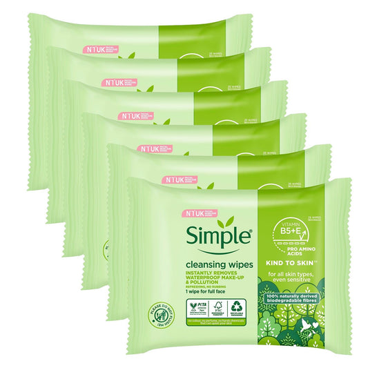 Simple Kind to Skin Cleansing Facial Wipes, 25 Count (Pack of 6)