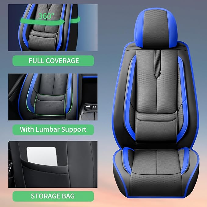 Fit HRV Car Seat Covers for Honda HR-V 2016-2024 2025 2026 - Upgraded Premium Waterproof & Breathable Leather, Airbag Compatible, All-Weather Seat Cushion Protector (Full Set,Black-Blue)