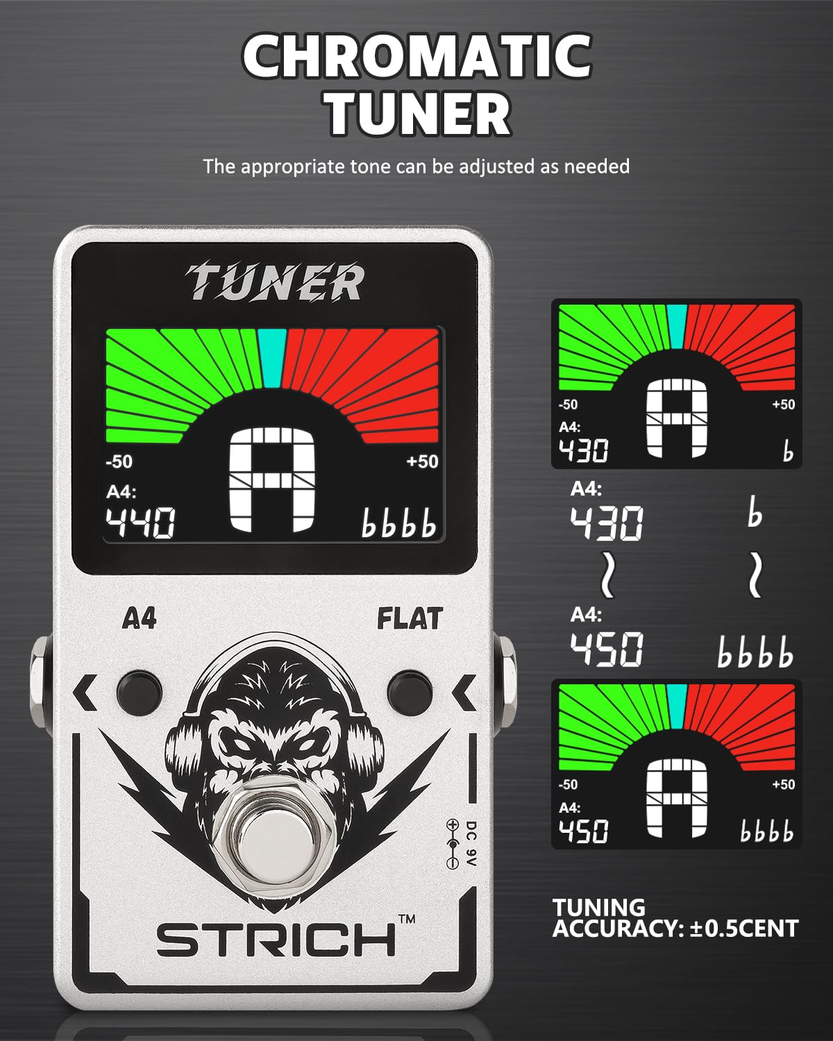 STRICH Tuner Pedal with a Power Supply, Compact with Large Color Screen - Precision Chromatic Drop Tuning, 430-450Hz A4, True Bypass for Electric Guitar & Bass, Silver