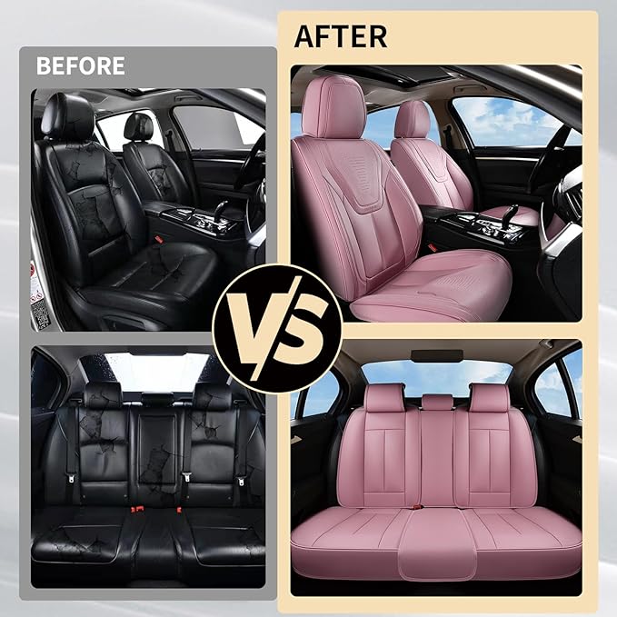 FLORICH Car Seat Cover Full Set, Automotive Vehicle Seat Cushions, Luxury Waterproof Leather Car Seat Protectors, Car Seat Cushions Universal Fit for Most Sedans SUVs Trucks - Pink