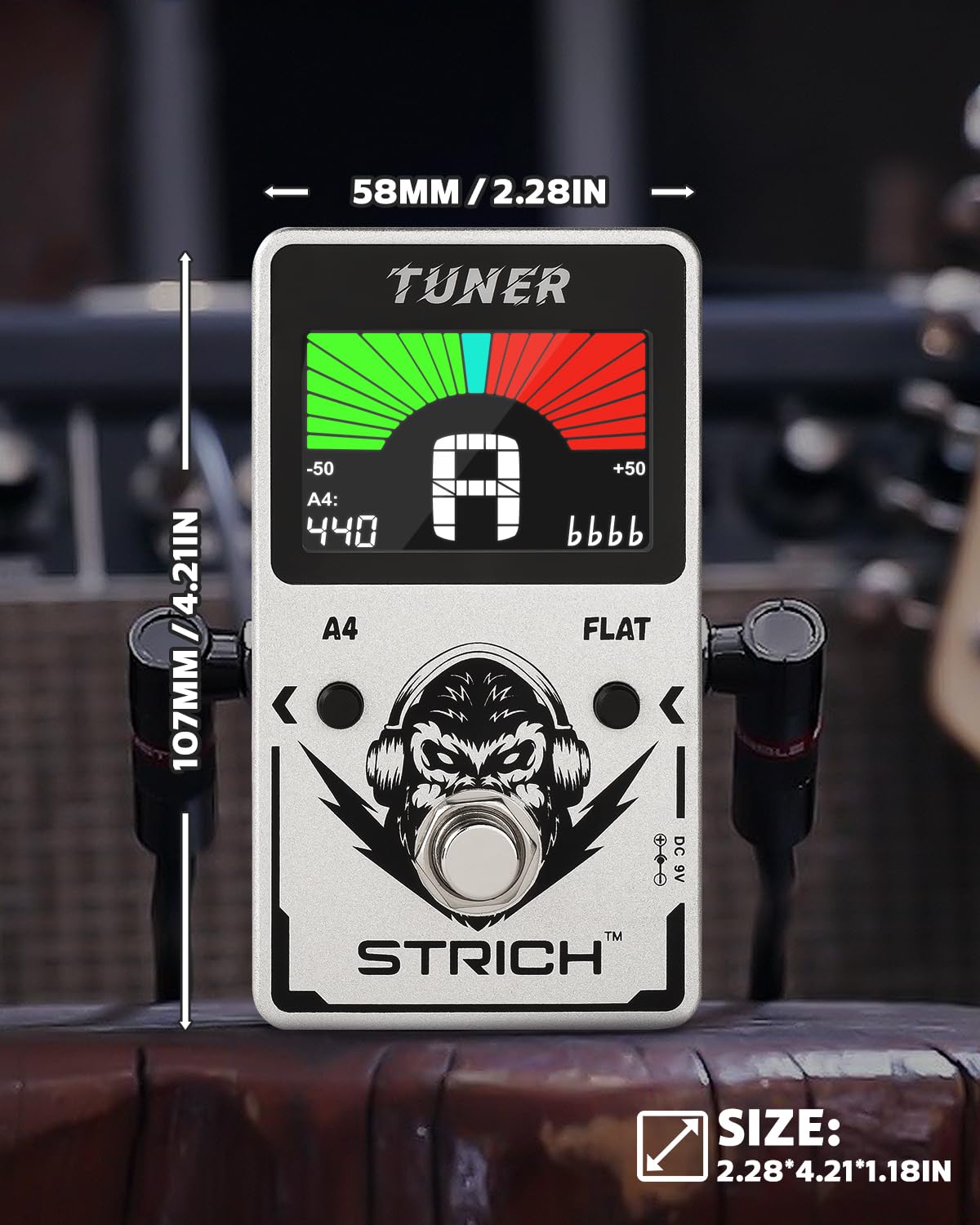 STRICH Tuner Pedal with a Power Supply, Compact with Large Color Screen - Precision Chromatic Drop Tuning, 430-450Hz A4, True Bypass for Electric Guitar & Bass, Silver